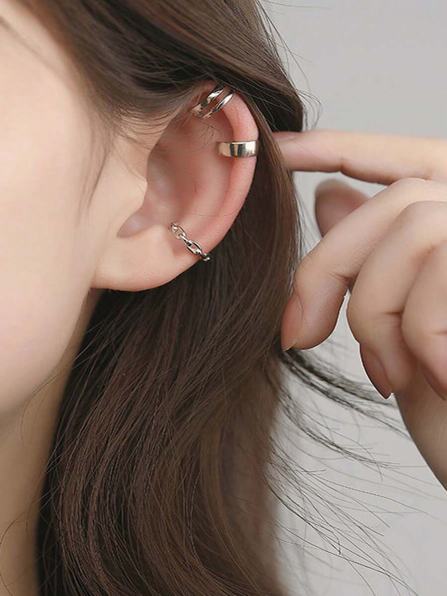 1 Set Simple Silver Chain Clip Earrings, Fashionable Design Suitable For Daily Wear, A Practical Gift For Those Who Prefer Understated Accessories