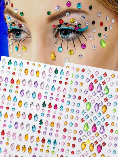 451颗彩虹闪亮水钻贴纸，2颗亚克力闪亮爱心贴纸，自粘式钻石水滴设计，适用于化妆和服装，多色钻石面部宝石，适合节日、派对和活动