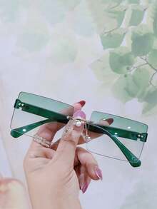 1副女士塑料方形无框渐变色复古铆钉优雅休闲时尚眼镜，适合日常佩戴，学院风，返校季必备，长方形镜框。