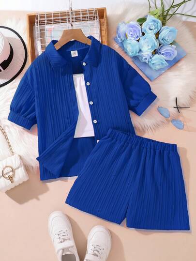 Left Mama Girls Casual Sports Polo Collar Short Sleeve Cropped Top Set For Summer