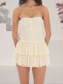 Women's Summer Lace Mini Tube Dress Strapless Low Cut Ruched Ruffled Hem A Line Dress Streetwear - Brown - View 2