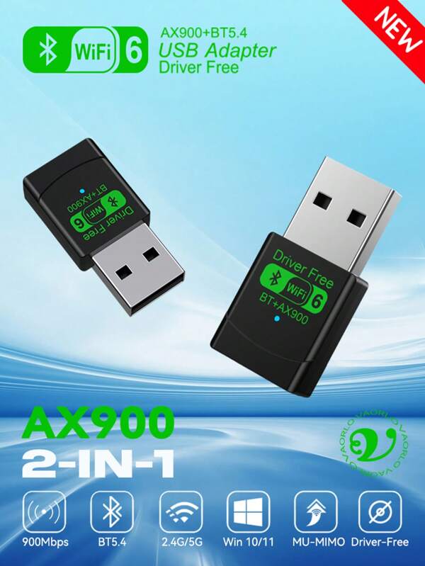 AX900 WIFI6 USB Adapter 2 IN 1 Bluetooth 5.4 Dual Band 2.4G&5GHz 900Mbps WiFi 6 802.11AX High-Speed Mini Wireless Network Card Receiver Dongle For PC Laptop WIN 10/11 Driver Free