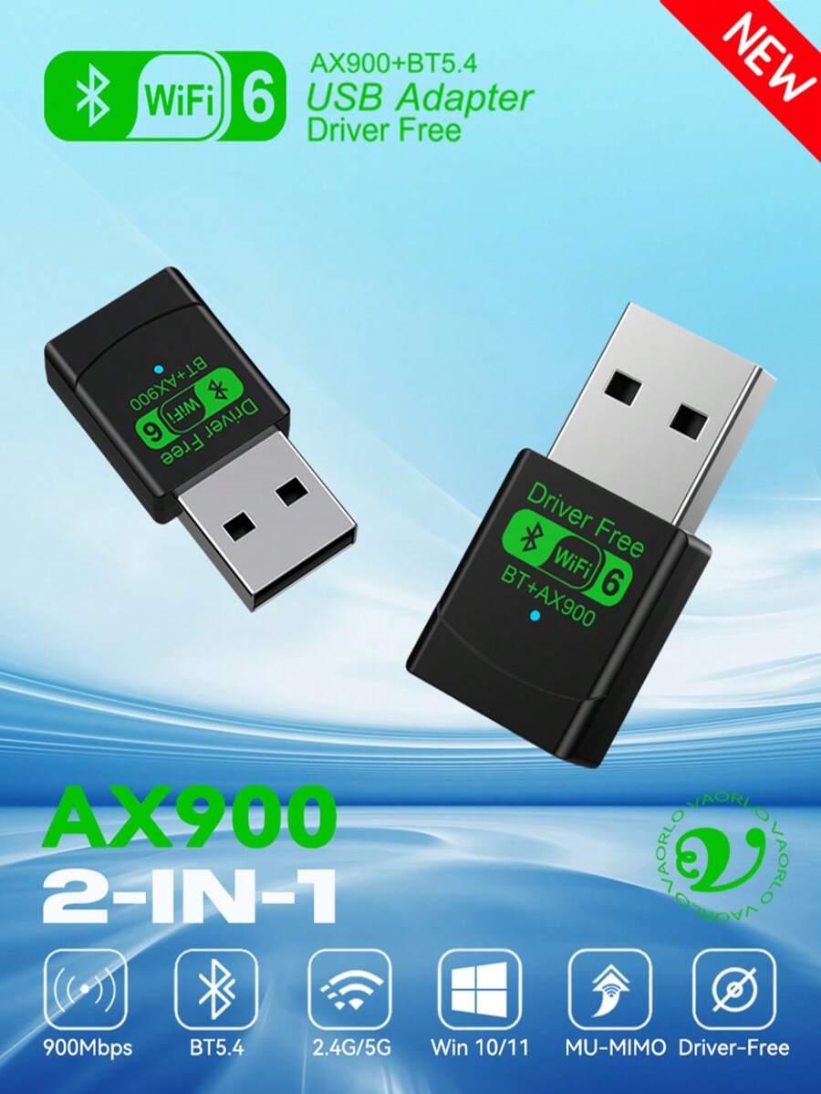 AX900 WIFI6 USB Adapter 2 IN 1 Bluetooth 5.4 Dual Band 2.4G&5GHz 900Mbps WiFi 6 802.11AX High-Speed Mini Wireless Network Card Receiver Dongle For PC Laptop WIN 10/11 Driver Free - Black - View 1