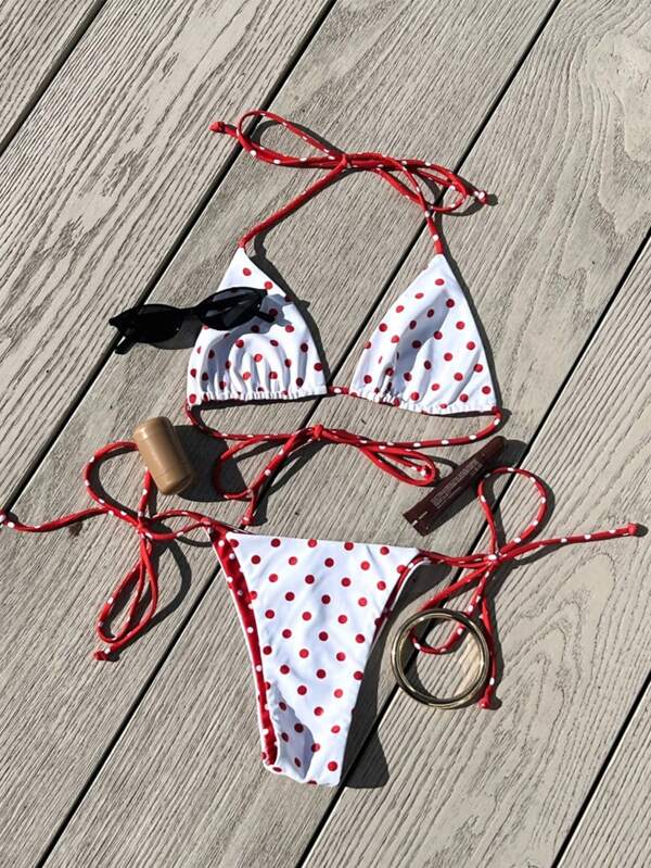 Zomerse sexy polkadot print splice halter geknoopte bikini tankini badpakset