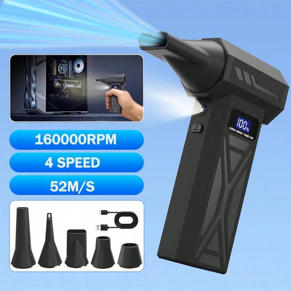 160000 RPM Turbo Hurricane Air Blower, 160g Wind Pressure Cordless Electric Duster, 4-Speed Adjustable Brushless Motor, 4000mAh Rechargeable Battery, LED Light & Multi-Nozzle Kit For Computer/Car Cleaning