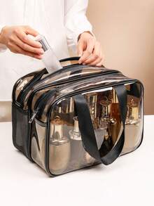 1 Bolsa de artículos de tocador de doble capa transparente, con separación de seco y húmedo, bolsa de maquillaje para niñas, bolsa de almacenamiento multifuncional, impermeable y a prueba de humedad, portátil, bolsa de cosméticos, conveniente para viajes, útiles escolares y de vuelta a la escuela