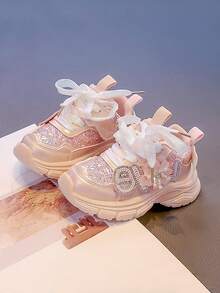 女童运动鞋，新款夏秋款，儿童厚底水钻花朵装饰鞋，可爱婴幼儿休闲运动鞋，时尚百搭校园学生中童跑步透气网眼鞋 - 粉色 - 查看 4