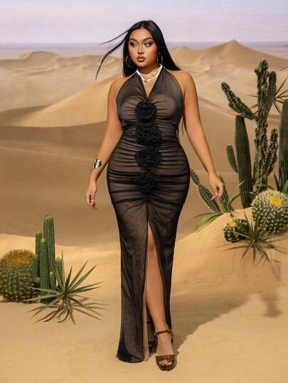 Plus Size Backless Spaghetti Strap Dress With 3D Floral Embroidery, Front Slit Design, Sexy Style, Suitable For Dates, Beach Vacations And Nightclubs In Summer