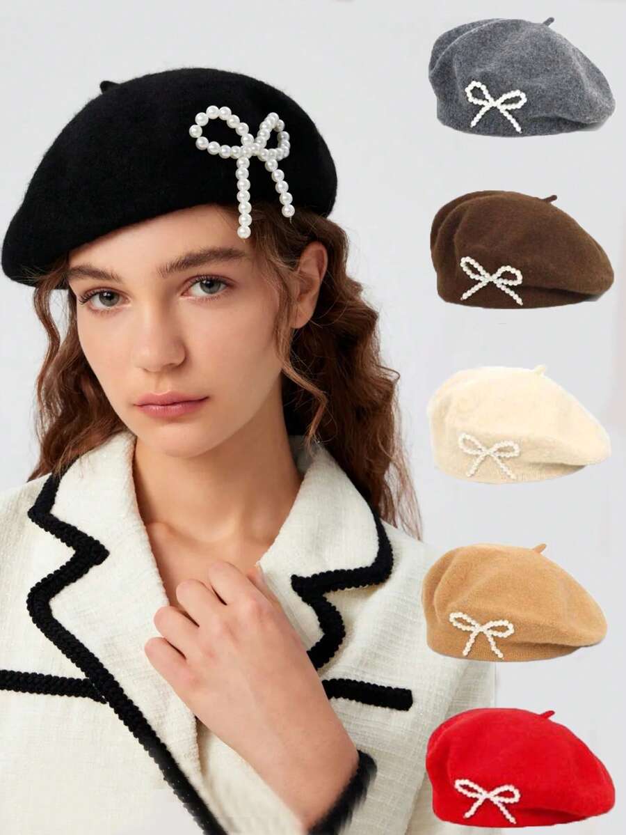 1 件女士贝雷帽,仿珍珠蝴蝶结装饰,南瓜贝雷帽,温暖羊毛韩国风格女士帽,秋冬秋季配饰 - 彩色 - 查看 1