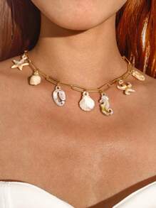 imoli 1pc Boho Style Acrylic Starfish & Shell Pendant Metal Chain Necklace, Beach Vacation Versatile Jewelry For Women, Suitable For Holiday, Party, Beach Travel