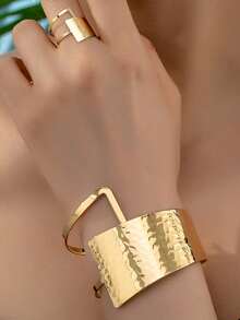 2pcs/Set Asymmetrical Hammered Pattern Bracelet And Ring Set, Minimalist Style Jewelry Suitable For Party And Everyday Wear - Yellow Gold - View 11