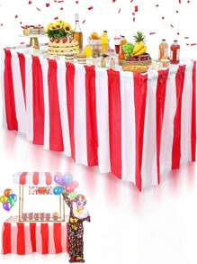 168-Inch Carnival Theme Party Decorations, Carnival Table Skirts Red And White Striped Tablecloth, Red White Striped Pennant Banner Circus Carnival Bunting Banner For Carnival Circus Decor, Suitable For Christmas Party