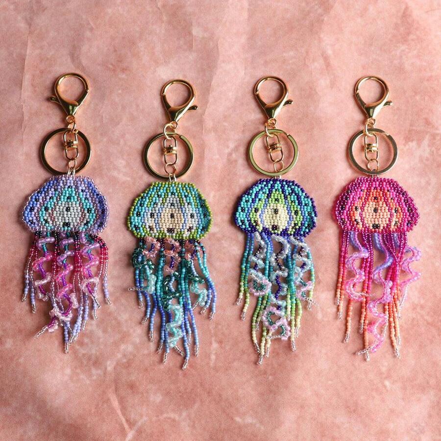 Enchanting Jellyfish Tassel Keychain – Handmade Beaded Bag Charm - Màu tím - Xem 1