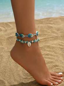 1 peça de tornozeleira de camada dupla essencial para praia e verão, cor azul e branca, fresca e charmosa com elementos de estrelas do mar e conchas, acabamento delicado e uso confortável