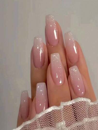 24 piezas de uñas postizas de ballet, uñas falsas con degradado de rosa pastel con brillo, estilo fashionable "sweet ins", uñas adecuadas para uso diario de mujeres y niñas, uñas postizas de cobertura completa