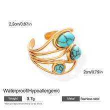 1 件复古绿松石戒指，波西米亚风格镀金合金/不锈钢指环，具有各种形状（方形/圆形/椭圆形）和镶嵌人造绿松石的设计，是一款适合日常佩戴、派对、度假和音乐节的个性堆叠配饰，可作为女性的个性化礼物，重返校园时尚。 - 金色 - 查看 17