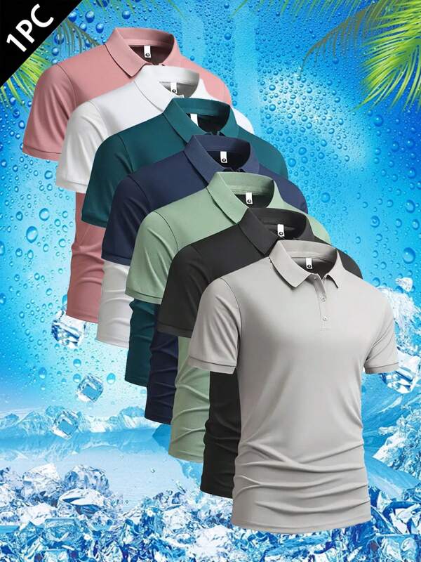 1-pack heren zomer business-casual slim-fit poloshirt met korte mouwen | Effen kleur piqué katoenen ademende top | Kreukvrij en strijkvrij, geschikt voor woon-werkverkeer