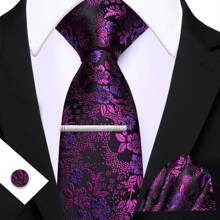 Cravate florale violette royale pour hommes, ensemble de cravate de luxe en soie jacquard avec mouchoir pour mariage et soirée