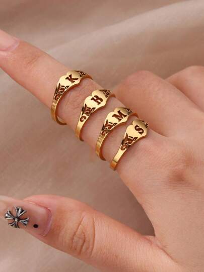 Vintage Stainless Steel Initial Letter Multi Size Rings, 18K Gold-Plated Anti Fading Ring For Women Couple, Alphabet Wedding Golden Jewelry, Party Vacation Accessories Gifts