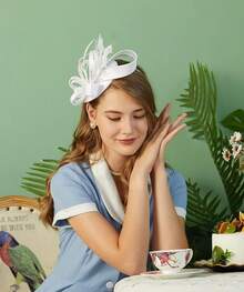 Derby Fascinators Women High Tea Party Hat Wedding Cocktail Flower Headware With Mesh And Feathers - Y-白色 - 查看 2