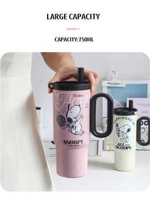 SNOOPY 1 件 750 毫升真空保温水瓶，大容量户外车载杯，便携式酷炫不锈钢吸管杯 - 查看 9