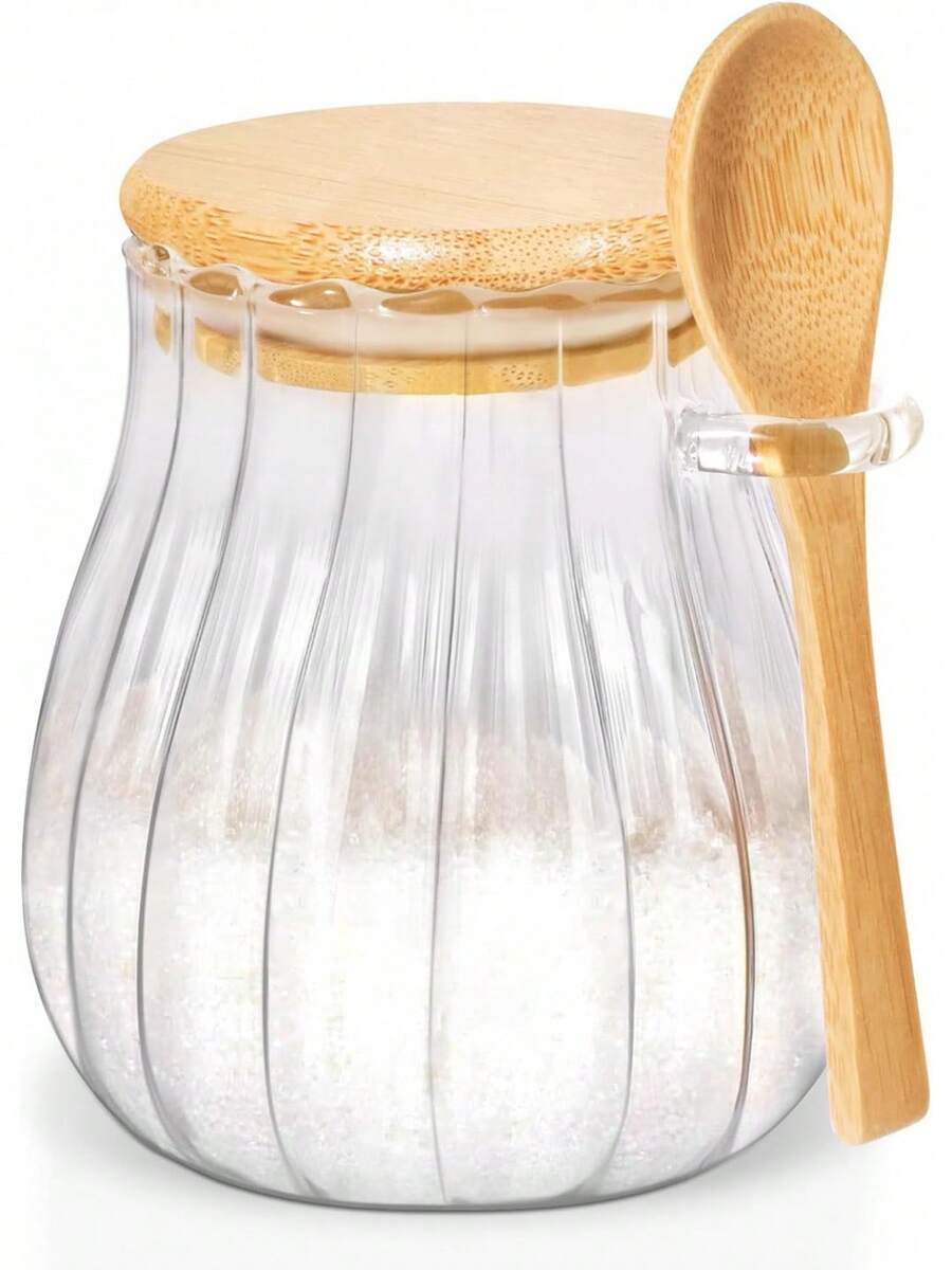 15oz Sugar Container With Bamboo Lid And Spoon,Sugar Bowl Glass Jar For Coffee Bar Accessories Coffee Canister Kitchen Decor (Medium) - Medium - 查看 1