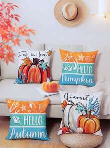 4 件套 Hello Fall 南瓜条纹图案枕套，涤纶装饰拉链单面印花靠垫套，适合派对、沙发、床、农舍、露台的丰收家居装饰