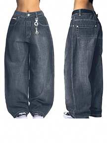 Women's Hip Hop Baggy Jeans Wide Leg Mid-Low Waist Jeans Loose Boyfriends Jeans 90s Vintage Denim Pants - 藍色 - 查看 1