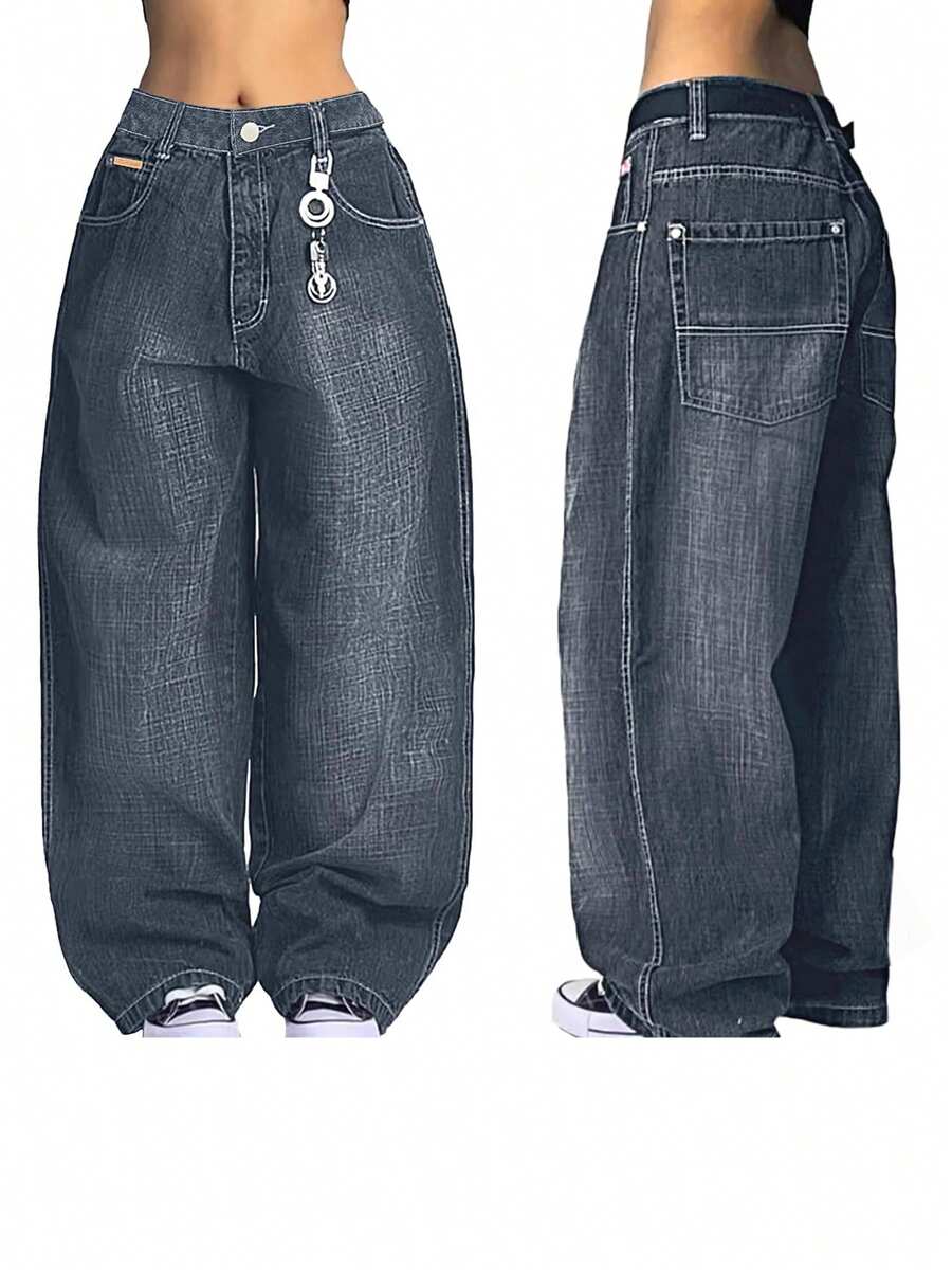 Women's Hip Hop Baggy Jeans Wide Leg Mid-Low Waist Jeans Loose Boyfriends Jeans 90s Vintage Denim Pants - 藍色 - 查看 1