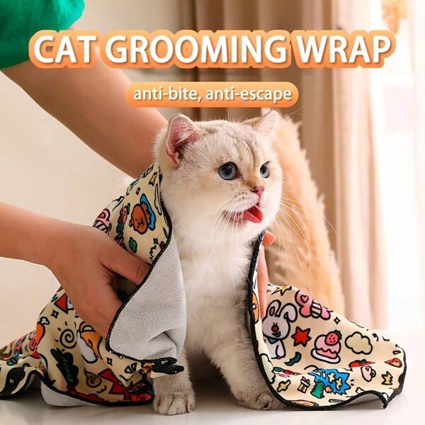 1 pièce Grand enveloppement de toilettage pour chat, enveloppement d'emballage pour chat multifonctionnel auto-adhésif, fournitures de toilettage pour chat à imprimé de dessin animé mignon, contention pour chat pour calmer et tenir le chat - fuite/éraflure/morsure, durable et confortable, convient pour le nettoyage des oreilles, la coupe des ongles - convient pour tous les chats et chiens de compagnie