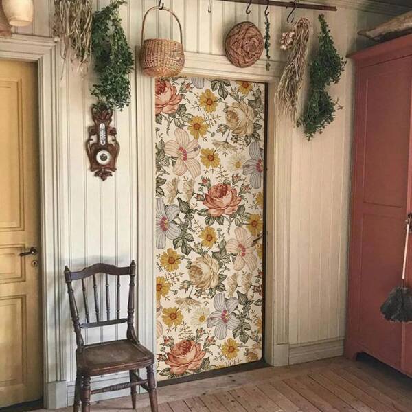 Mural autoadhesivo de efecto de textura vintage bohemia para puerta, calcomanías adhesivas de vinilo para decorar puertas de dormitorio, sala de estar, cocina, decoración del hogar, flor retro