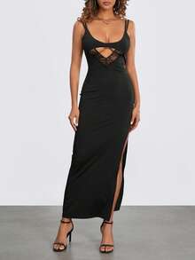 Women's Summer Slim Sleeveless Dress Lace Patchwork Low Cut Cutout Front Thigh Slit Long Dress - Black - View 2