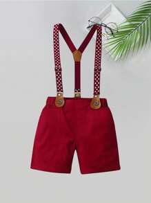 2pcs Baby Boys Gentleman Outfit - Red Suspender Pants And White Shirt With Bow Tie, Suitable For Holidays, Weddings, Parties, New Year Celebrations, And Everyday Wear
