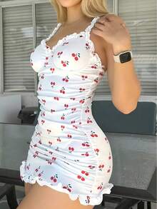 Cherry Print Frill Trim Ruched Bodycon Dress With Thong, Lingerie Bridallingerie - White - View 4