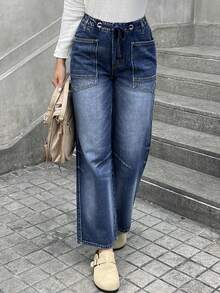 Women's Large-Size Loose Straight-Cut Jeans With Zipper Placket, Drawstring, Casual Street Style, Large Pockets, Non-Stretch, Comfortable, Versatile Women's Jeans, Plus Size - 中等水洗藍 - 查看 6