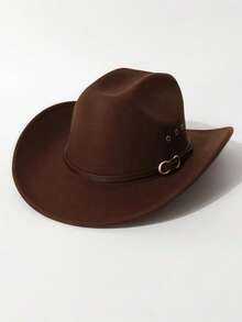 1 件男女通用西部牛仔帽，饰有纯色撞色金属扣细腰带和侧边撕边细节，适合西部主题活动、音乐节、派对、日常穿着，适合所有季节