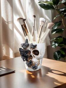 1pc Gothic Retro Butterfly Skull Shaped Decorative Storage Pen Holder, Antique Style Resin Butterfly Skull Decor, Desktop Organizer, Home Decor For Halloween, Suitable For Bookshelf, Vanity, All Season Halloween Decor Fall Decor Room Decor - Multicolor - View 10