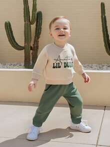 Toddler Baby Boy Clothes Auntie's Lil' Dude Print Long Sleeve Sweatshirt Pullover Top Solid Pants Set Fall Winter Outfit 2Pcs - 卡其色 - 查看 6