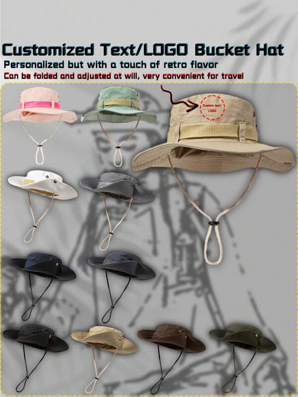 1pc Customized Drawstring Text/LOGO Unisex Summer Outdoor Casual Breathable Adjustable Bucket Hat, Summer Western Cowboy Hat Suitable For Outdoor, Mountaineering, Traveling, Hiking, Fishing, Best Choice For Gifts