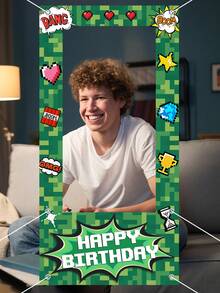 1Pc-Polyester- Pixel Party Green Decorations For Birthday Celebrations, Photo Booths, And Wall Decorations, No Power Needed, Photo Booth Background | Pixelated Design |Pixel Party Decorations - Multicolor - View 9