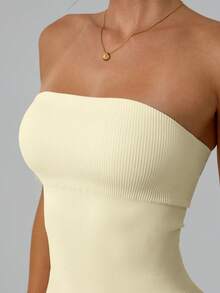 NcmRyu 1 Set Solid Color Seamless Tube Top Bodysuit Women S Slimming Jumpsuit Fitness Apparel Yoga Wear Gym Activewear Stretchable Body Shaper Sleeveless Flare Jumpsuit Comfortable Activewear For Fitness Gym Running And Outdoor Activities - 奶油白 - 查看 11