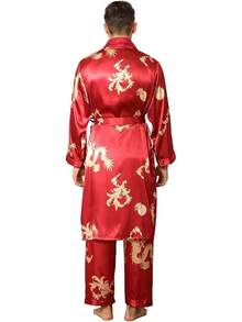Men's Satin Robe With Pants Lightweight Printed Luxurious Spa Dragon Silk Bathrobe Kimono Sethalloween - 紅色 - 查看 4