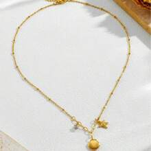 Maldives Style Shell Claw Rhinestone Starfish Short Necklace, Titanium Steel Gold-Plated