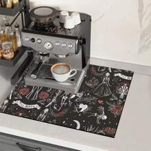 1 pieza Estera de secado para cocina con estampado de calavera y rosa, súper absorbente para ocultar manchas, con respaldo de goma, almohadilla multiusos para cafetera, encimeras, platos, absorbe el agua rápidamente