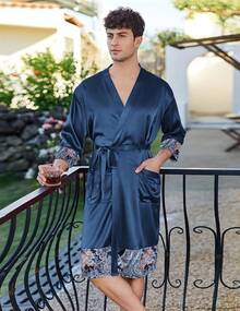 Mens Satin Robe Lightweight Silky Kimono Bathrobe 3/4 Sleeve Spa Knee Length Loungewear With Pockets S-3XLhalloween - 海軍藍圖案 - 查看 7