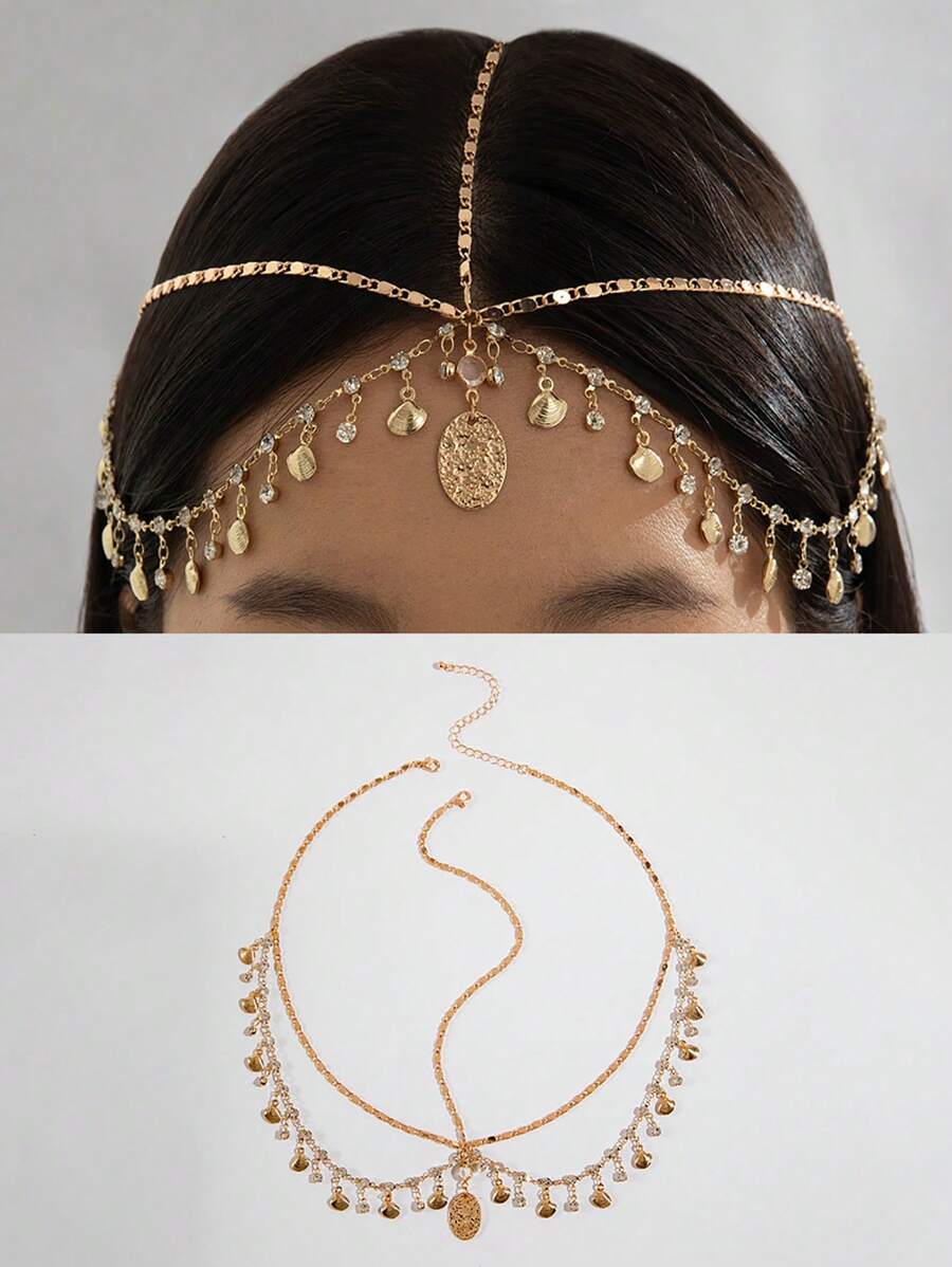 1pc Bohemia Headband Shell Crystal Hair Jewelry Women Metal Head Chain Headpiece For Party (Handmade Chains Are Cut According To Size, With Varying Numbers Of Rhinestones And Shells )
