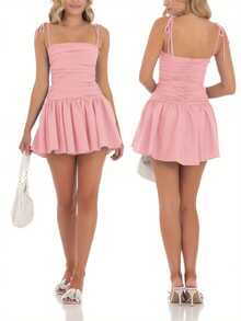Women's Tie Strap Mini Dress Zipper Back Solid Color Sleeveless Backless Slim Ruched A-Line Dress Thankgiving - Pink - View 2