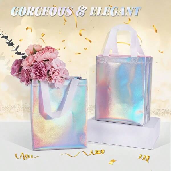10 Rainbow Gift Bags] 50 Medium Rainbow Laser Gift Bags, Non Woven Tote With Sturdy Handles | Stylish, Suitable For Weddings, Bridal Showers, Parties, Etc. | Perfect For Party Favors, Gift Giving And Celebrations