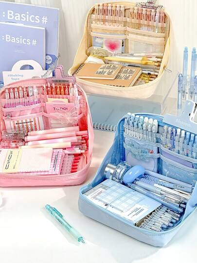 Simple Color Wide-Open Pencil Bag Pen Case 12 Compartments Oxford Fabric Storage Pouch For Stationery School Student , Back To School Gifts