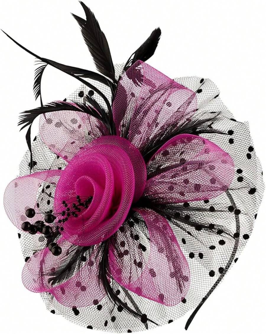 Derby Fascinators Women High Tea Party Hat Wedding Cocktail Flower Headware With Mesh And Feathers - Rose & Black - View 1